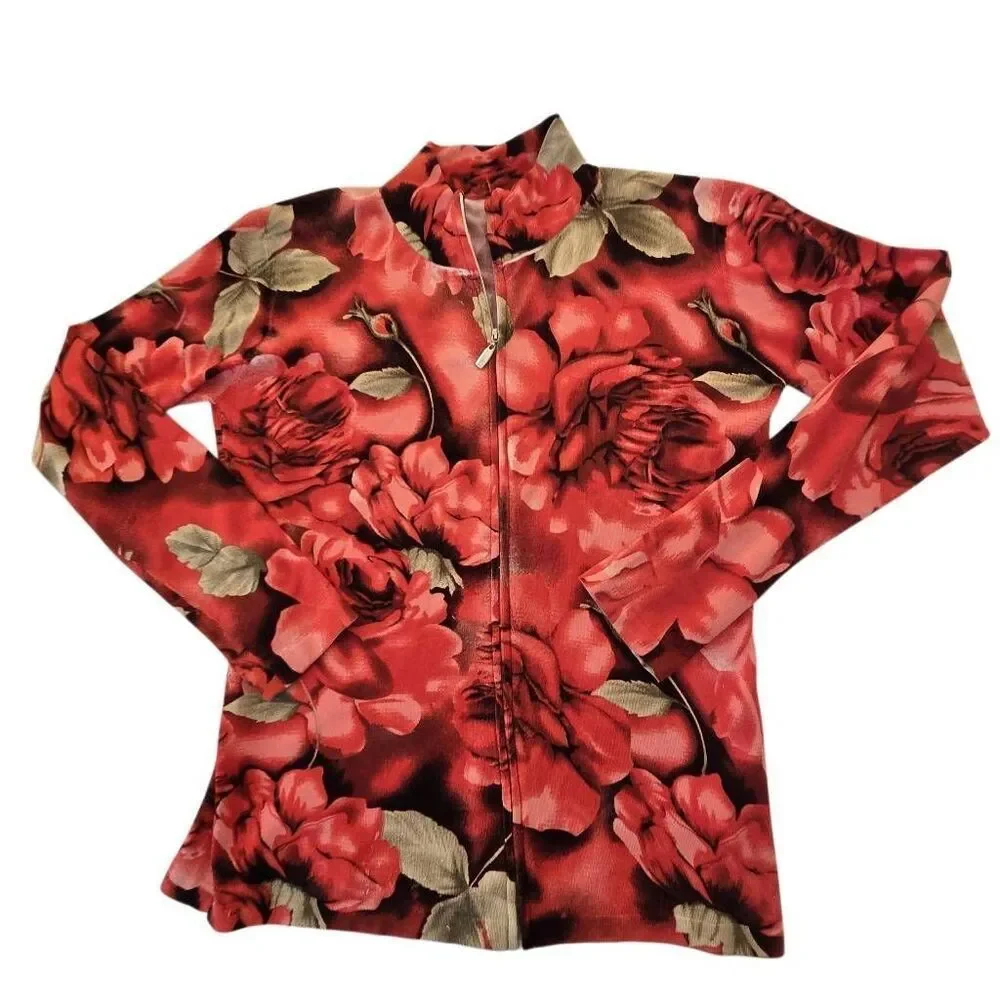 UbU Womens Lightweight Floral Silk Blend Zip Up Cardigan Sweater Size Medium